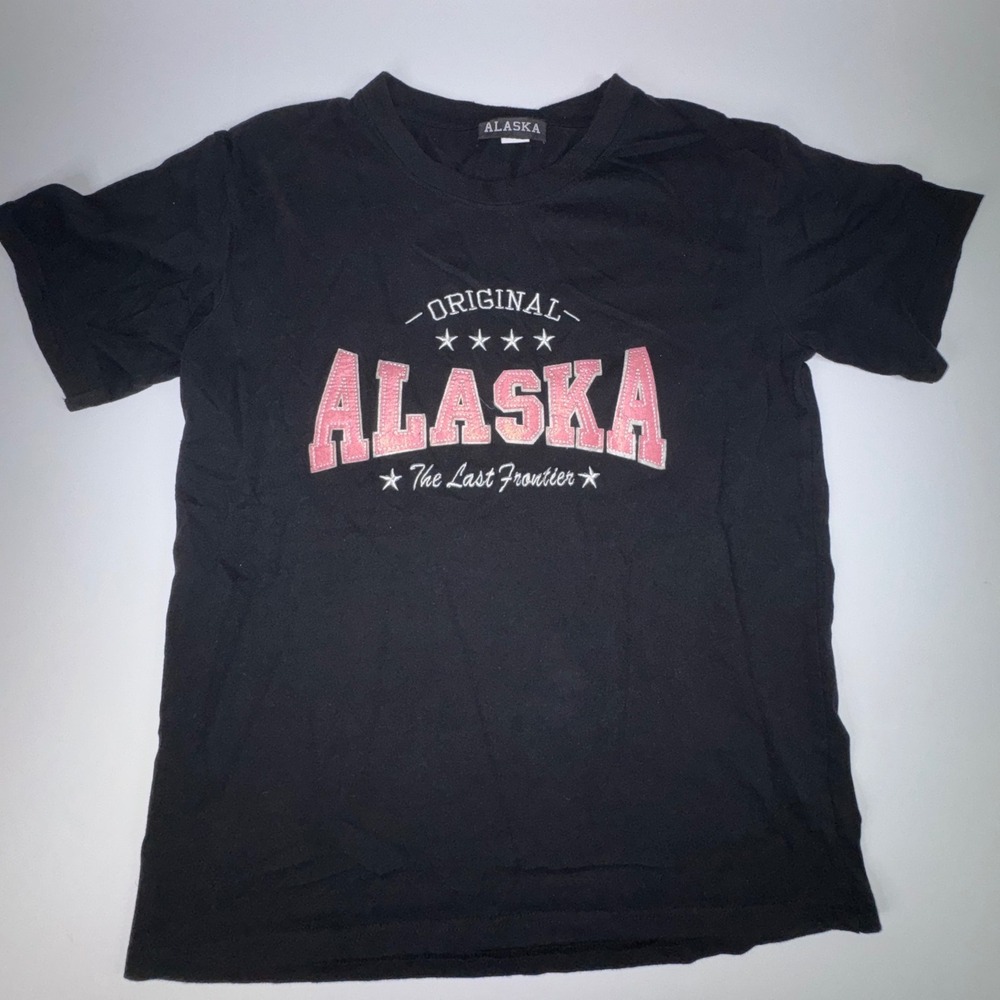 Alaska The Last Frontier Souvenir T-Shirt Black Pink Graphic Tee Womens Large